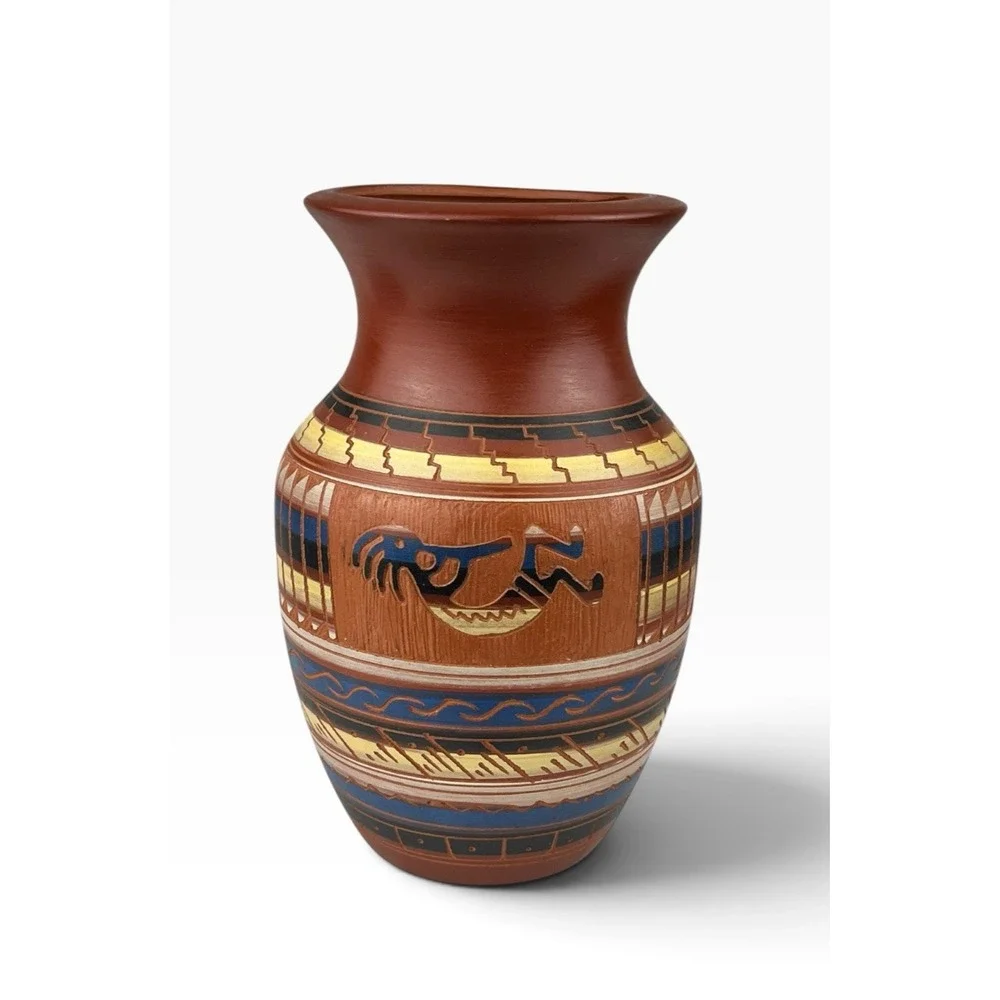 Navajo Kokopelli Etched Vase Pottery Signed E H Blue Yellow Black Red 7.5